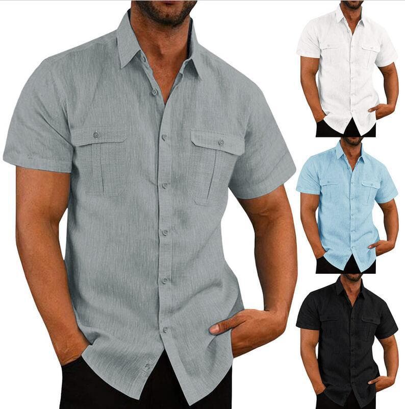 Men's Clothing men's shirt double pocket cotton and linen short sleeved shirt casual vacation shirt