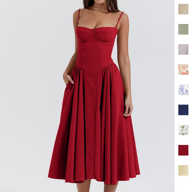 Spring New Women's Fashion Elegant French Style Waist-Cinching Slim Fit Strap Dress