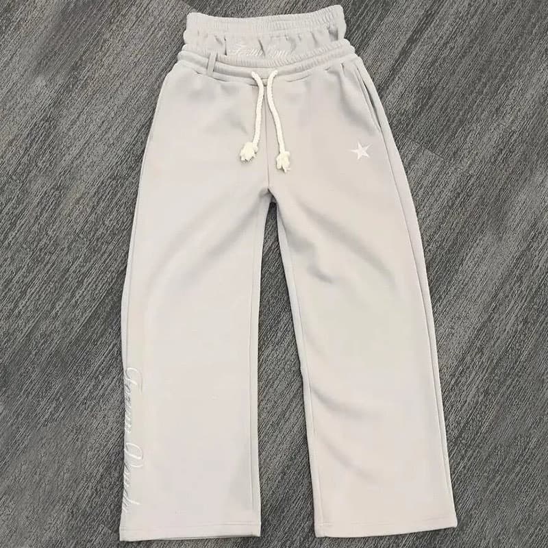 ​​Men's & Women's Double Waistband Embroidered Sweatpants - High Street Loose Wide Leg Pants (Black/Beige/Gray)​
