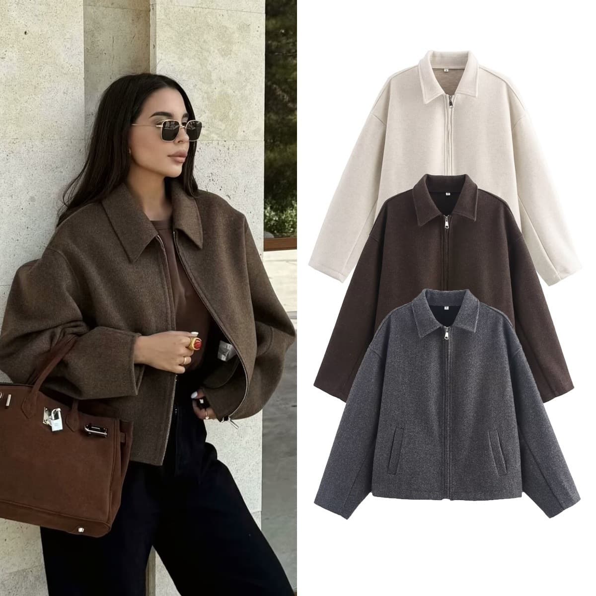 Women’s Casual Zip-Up Jacket – Lightweight Polyester Blend With Stand Collar (S-L, Earth Tones, EU/US Versatile Layering Essential)​