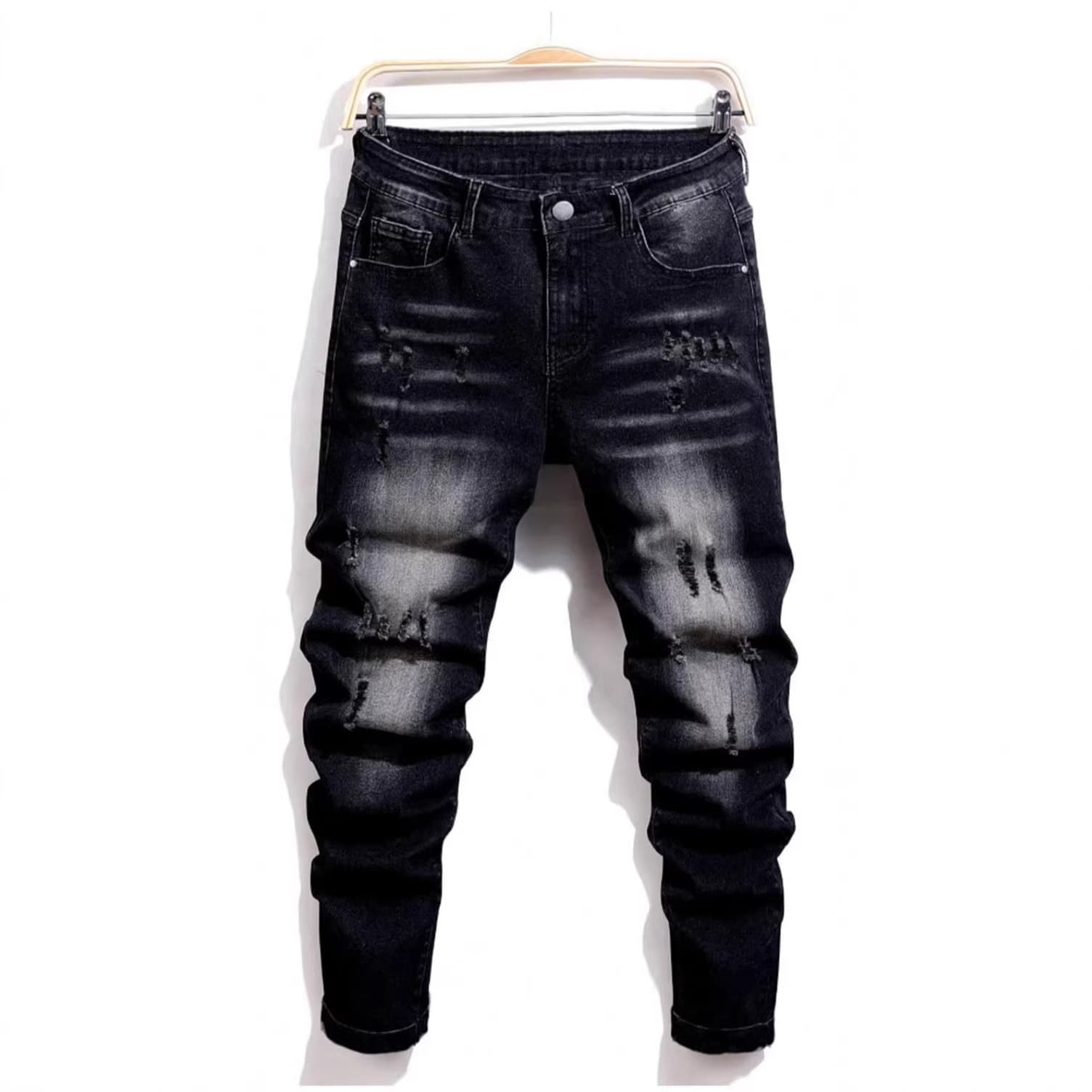 High Street Slim Fit Men's Jeans Ripped Black Trendy Stretch Straight Leg Pants Exclusive