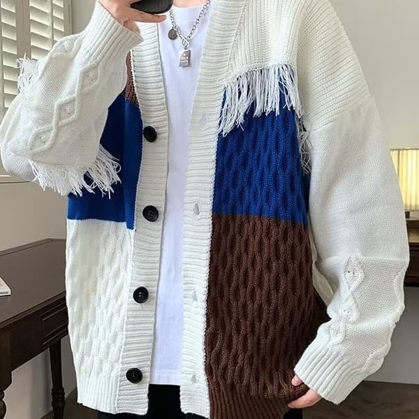 Men's Clothing Splicing personality knitted cardigan jacket men autumn and winter loose sweater men lazy style sweater jacket