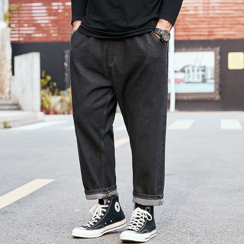 Men's Clothing Plus Size Autumn And Winter Nine Point Jeans Loose Straight Plus Size Black All Match Fat Man Pants
