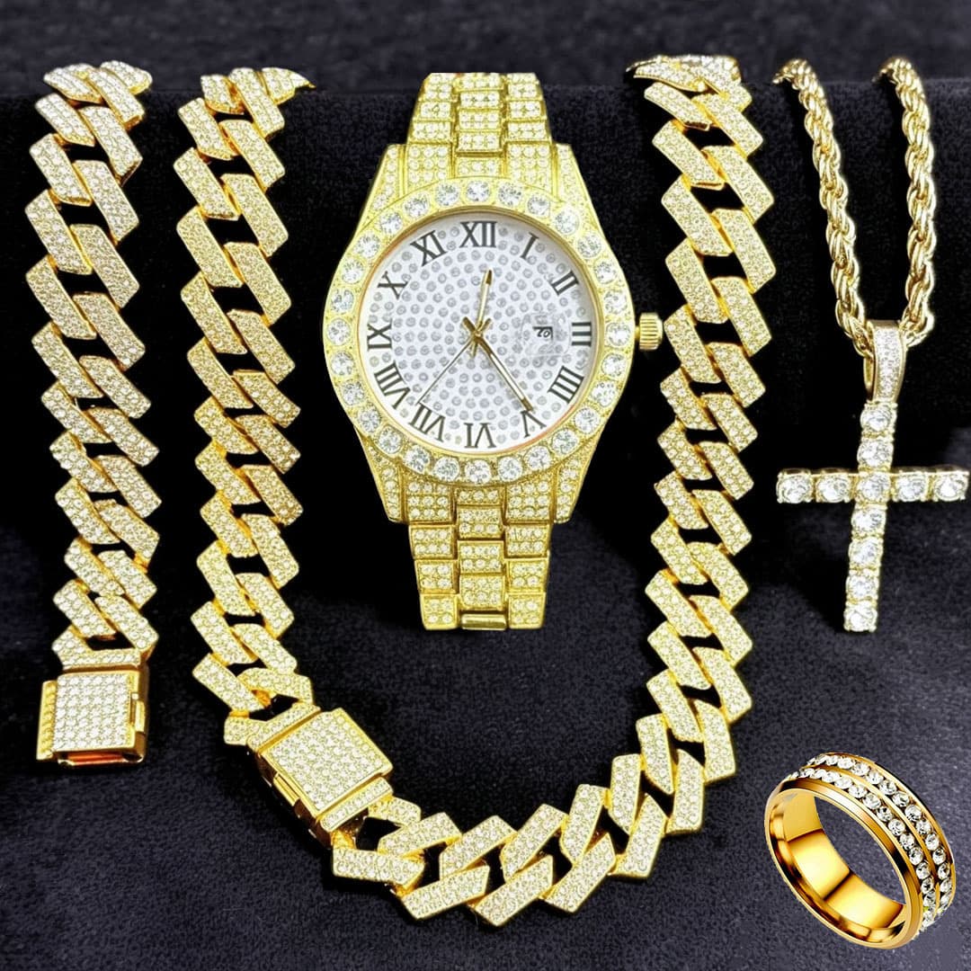 FENSIR Diamond Quartz Watch & Cuban Link Chain Jewelry Set With Cross Pendant - 5-Piece Fashion Accessories For Men And Women