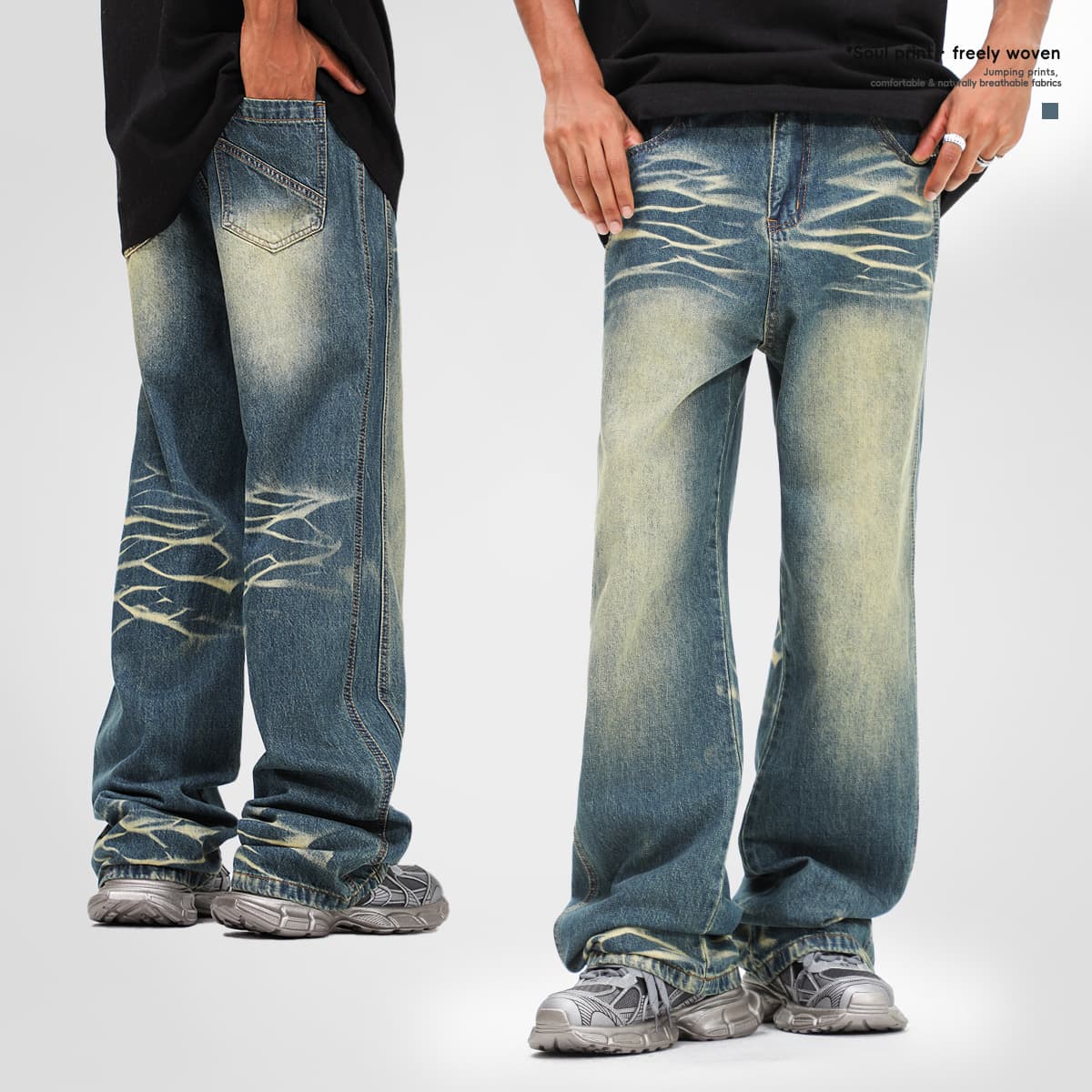 Men's Clothing Spring And Autumn High Street Jeans Men's Vibe Washed Old Cat Whisker Trendy Jeans Straight Pants