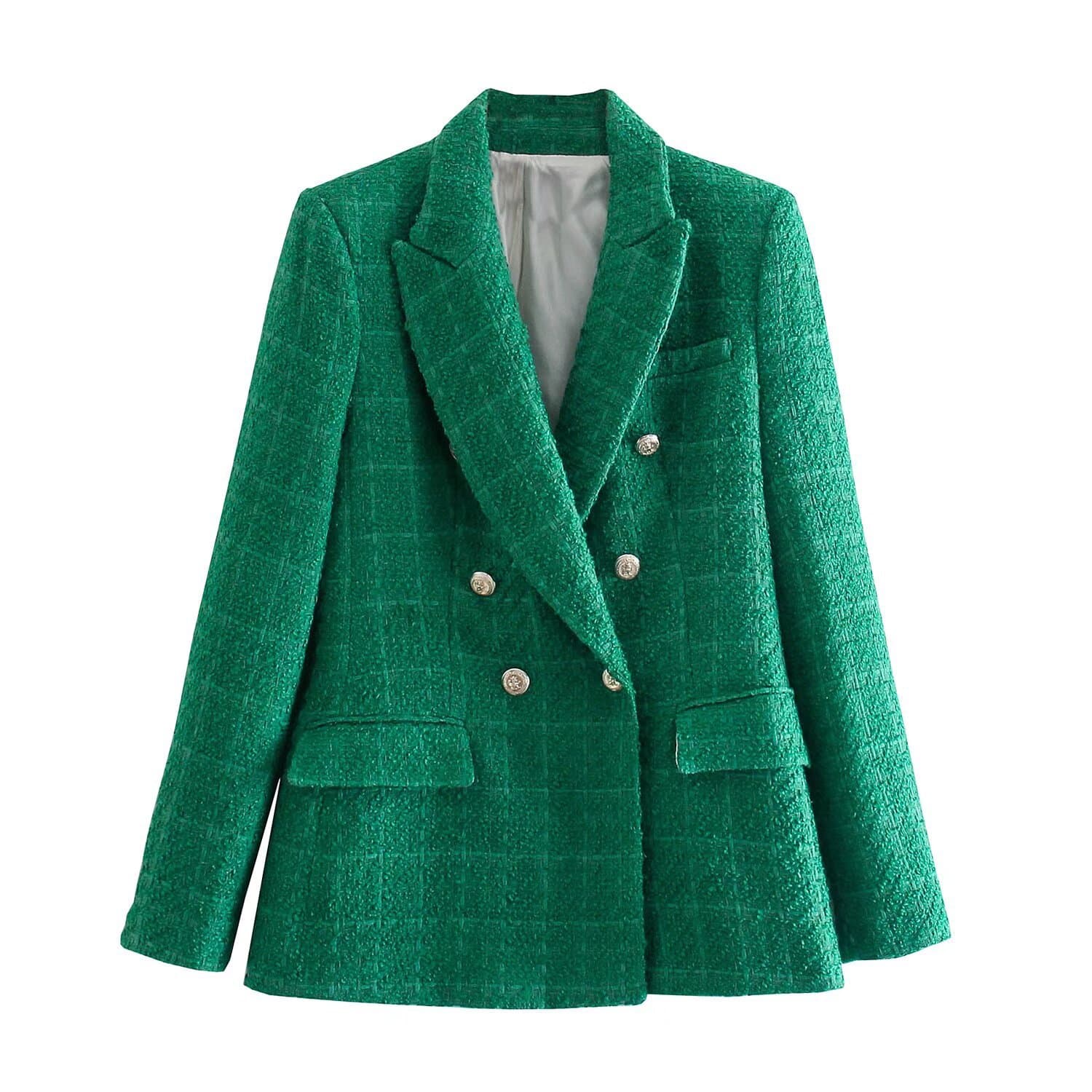 Women's clothing Double Breasted Tweed Plaid Blazer Coat Vintage Long Sleeve Pocket Suit Jacket