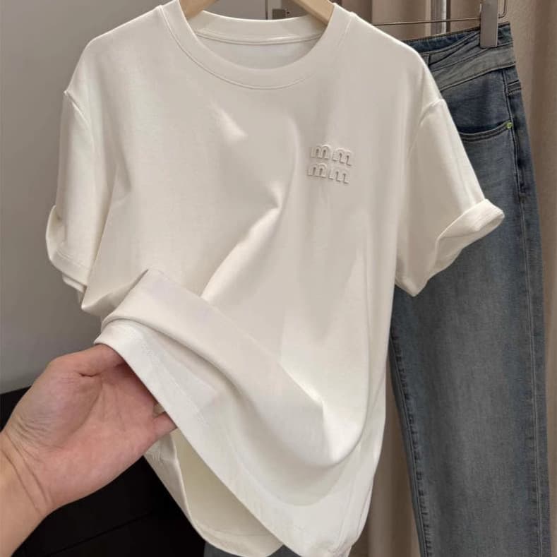 Miu Style Women's Short Sleeve T-Shirt 3D Embroidered Xinjiang Cotton Round Neck Color Blocking Fashionable And Versatile Top