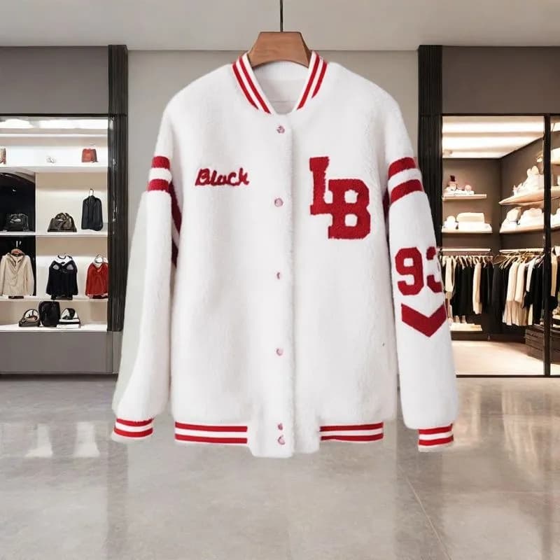 Women's Clothing Plush And Thickened Temperament Coat Spring And Autumn Letter Loose Cardigan Baseball Jacket Fur Coat