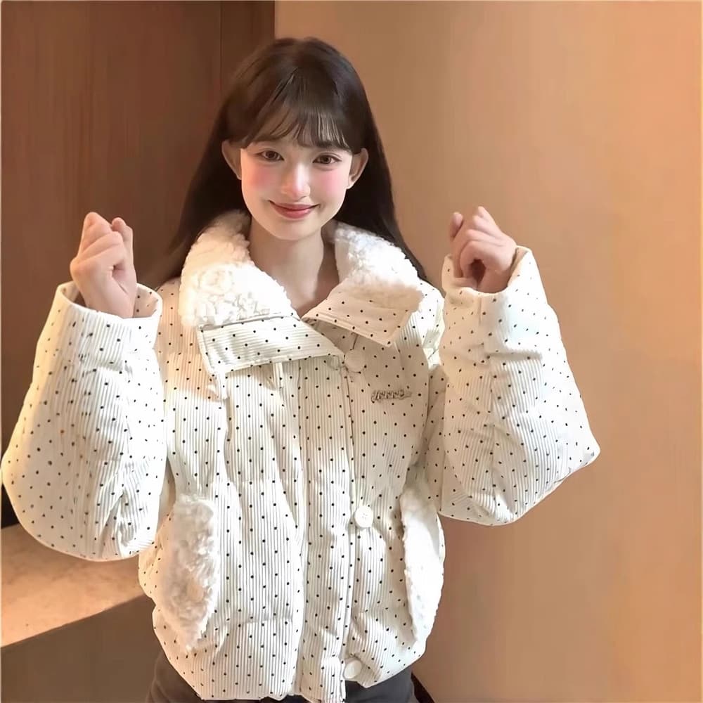 Patchwork Polka Dot Fleece Jacket – Women’s Winter Coat With Lamb Collar (S-XL, Polyester, Cropped Fit, High Neck, Korean Street Style)​