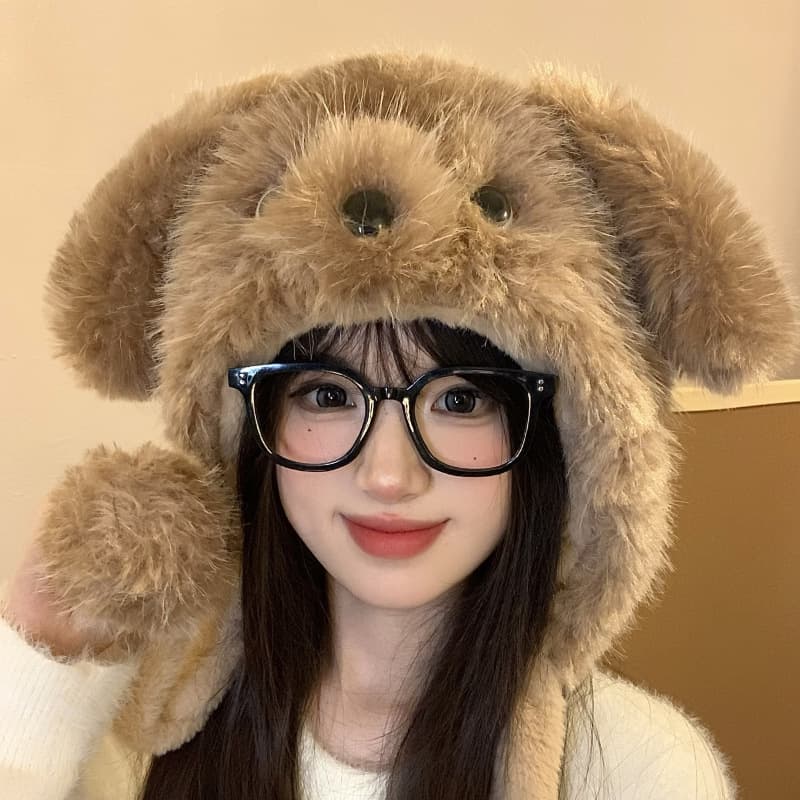 Cute Puppy Plush Hat For Women Autumn And Winter Cartoon Moving Ears Earmuffs Thick Warm Cold Hat