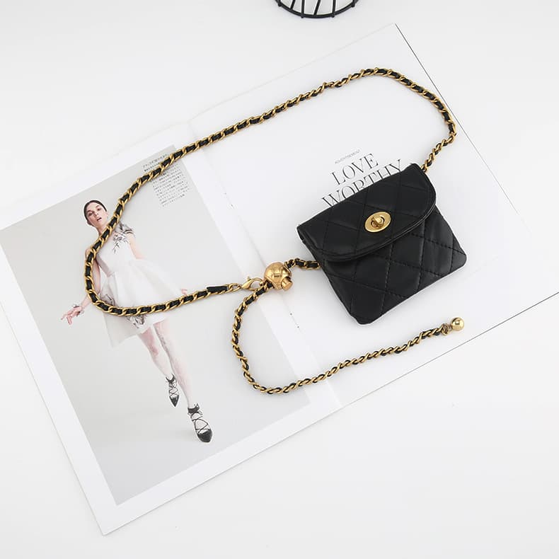 New Arrival Small Gold Ball Waist Chain Bag Women's French Style Small Style Rhombic Waist Belt Bag ins Mini Lightweight Chain Crossbody Bag