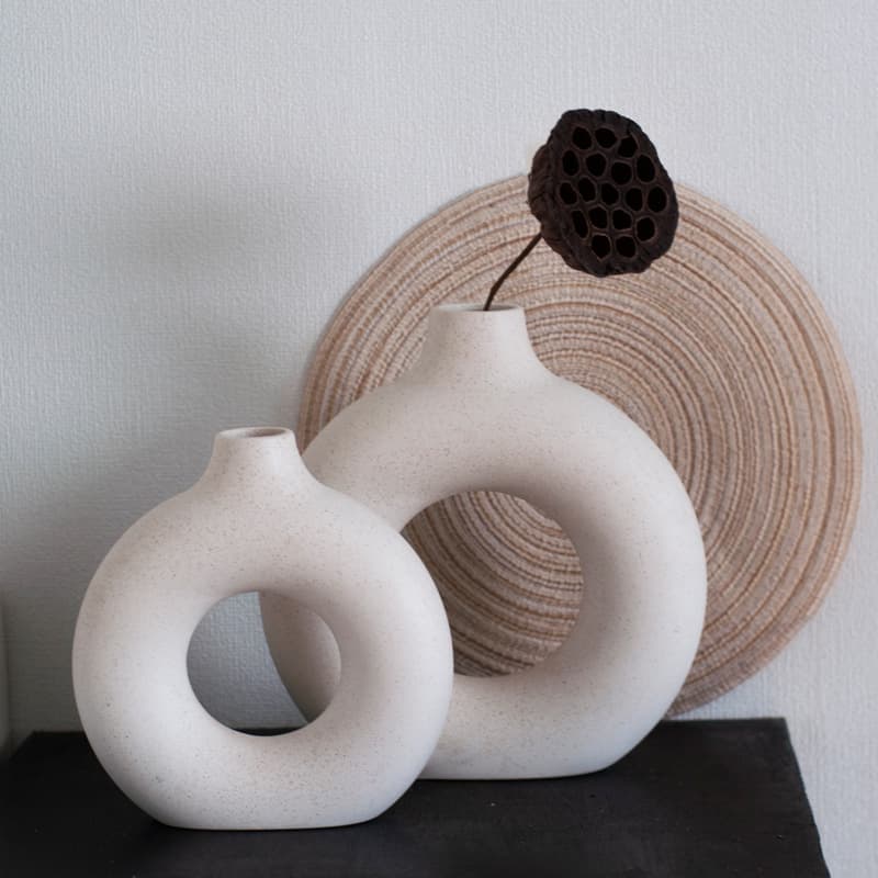White Ceramic Ring Vase Set – Minimalist Home Decor, Modern Table Centerpiece For Living Room & Office​