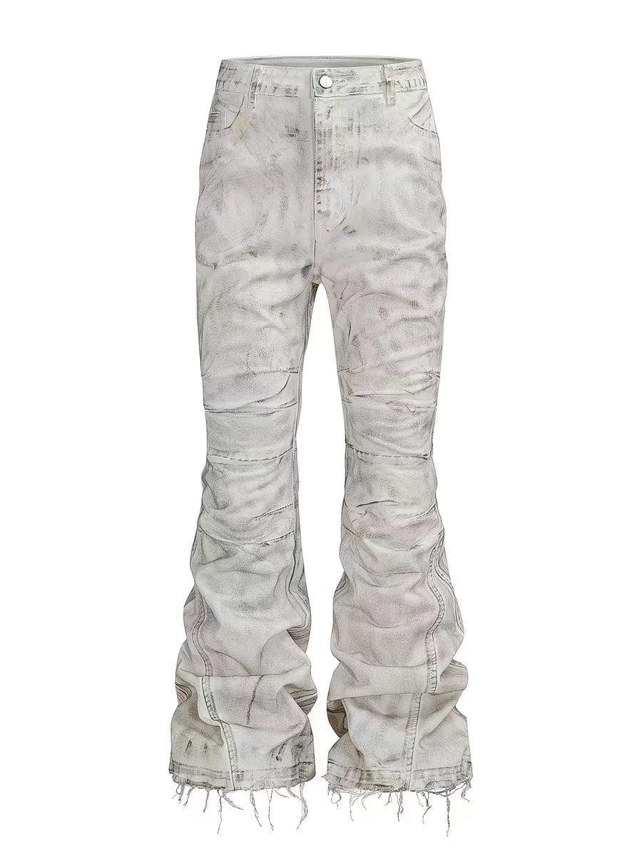 Unisex Distressed White Flared Jeans High Street Style Loose Fit Slimming Straight Leg Floor Length