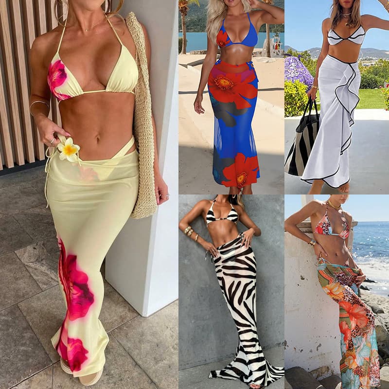 Women's Clothing Seaside Long Blouse Sexy Bikini Three Piece Printed Swimsuit