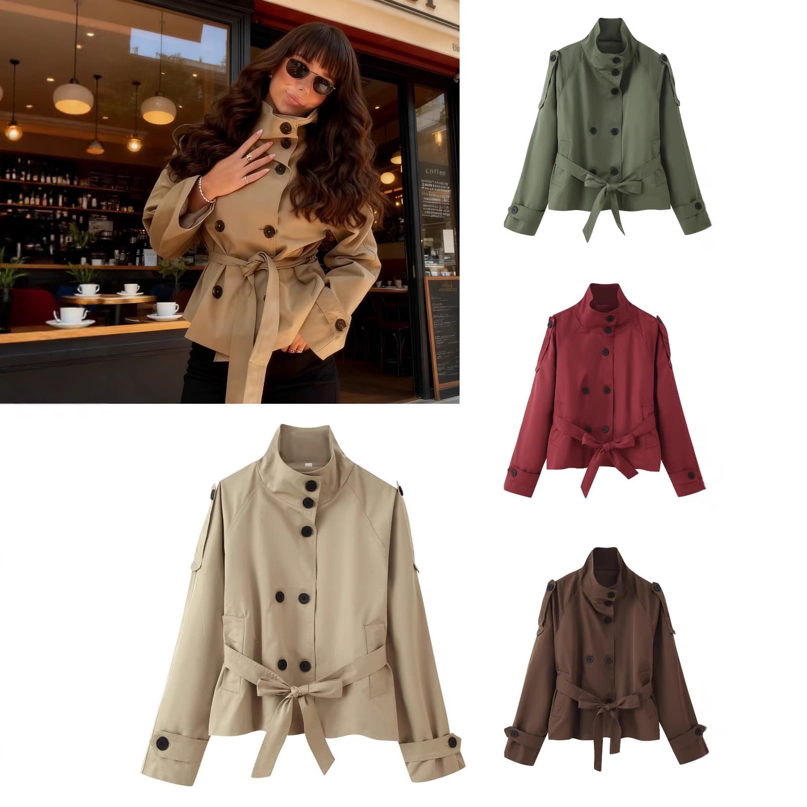 ​Double-Breasted Belted Trench Coat –Autumn Trendy Short Jacket For Women (S/M/L, Khaki/Red/Olive/Brown)​