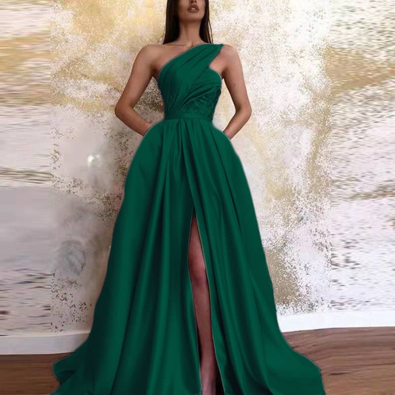 Women's New Sexy Slit Shoulder Dress Long Skirt Evening Dress Women
