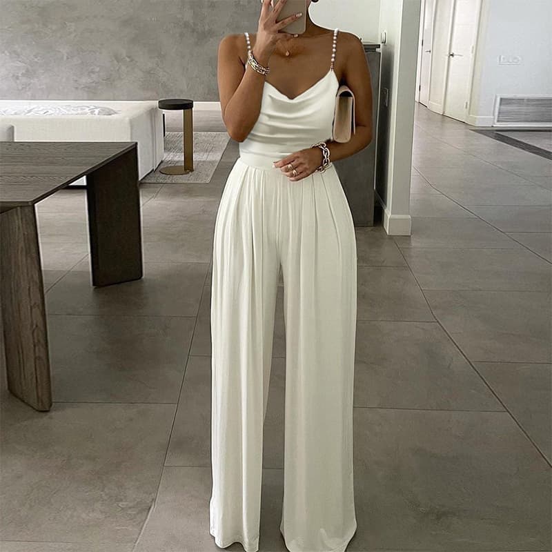 Women's pearl halter wide leg sleeveless V-neck halter pant jumpsuit