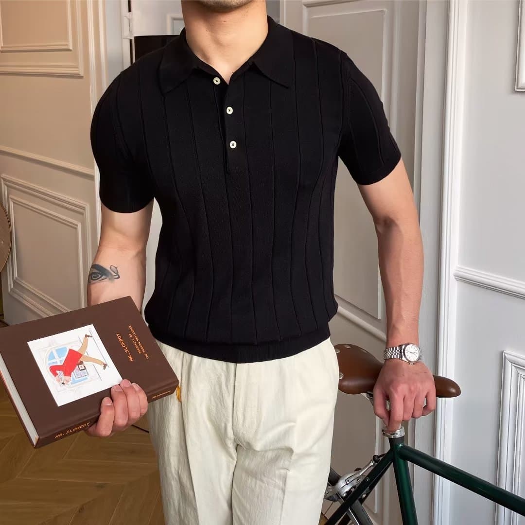 Men's Slim Fit Short Sleeve Polo Knit Shirt – Breathable Stripe & Solid Color Summer Top For Casual Style​