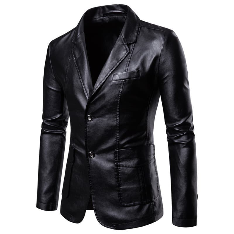 Men's Slim Fit PU Blazer Lapel Collar Versatile Easy To Match Jacket Through