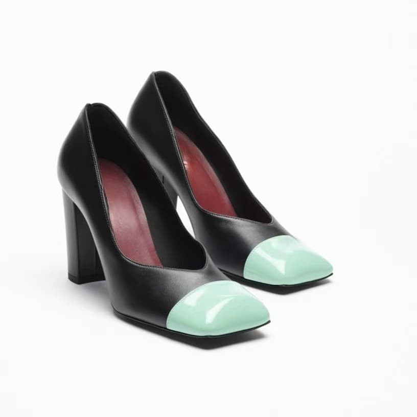 Retro Style Women's High Heels Color Blocked Square Toe Low Cut Genuine Leather Chunky Heel Versatile Shoes for Commuting Black