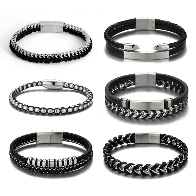 Charm Bracelets Fashion Multi Layer Leather Rope Braided Bracelet Leather Bracelet Men's Stainless Steel Magnetic Buckle Bracelet