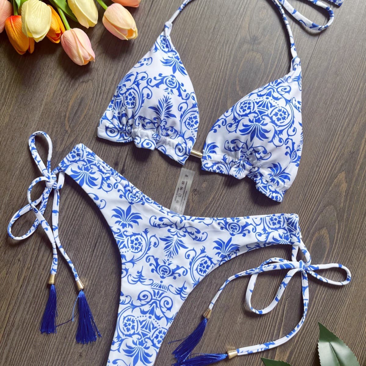 Women’s Clothing New Blue And White Porcelain Print Bikini Swimsuit Beach Sexy Women Swimsuit