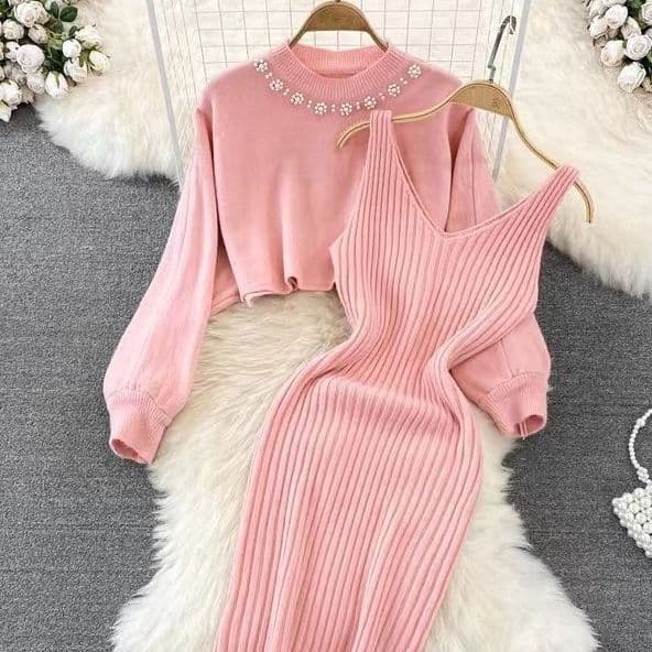Women's Round Neck High Waist Short Puff Sleeve Sweater Suspender Skirt Two-piece Set