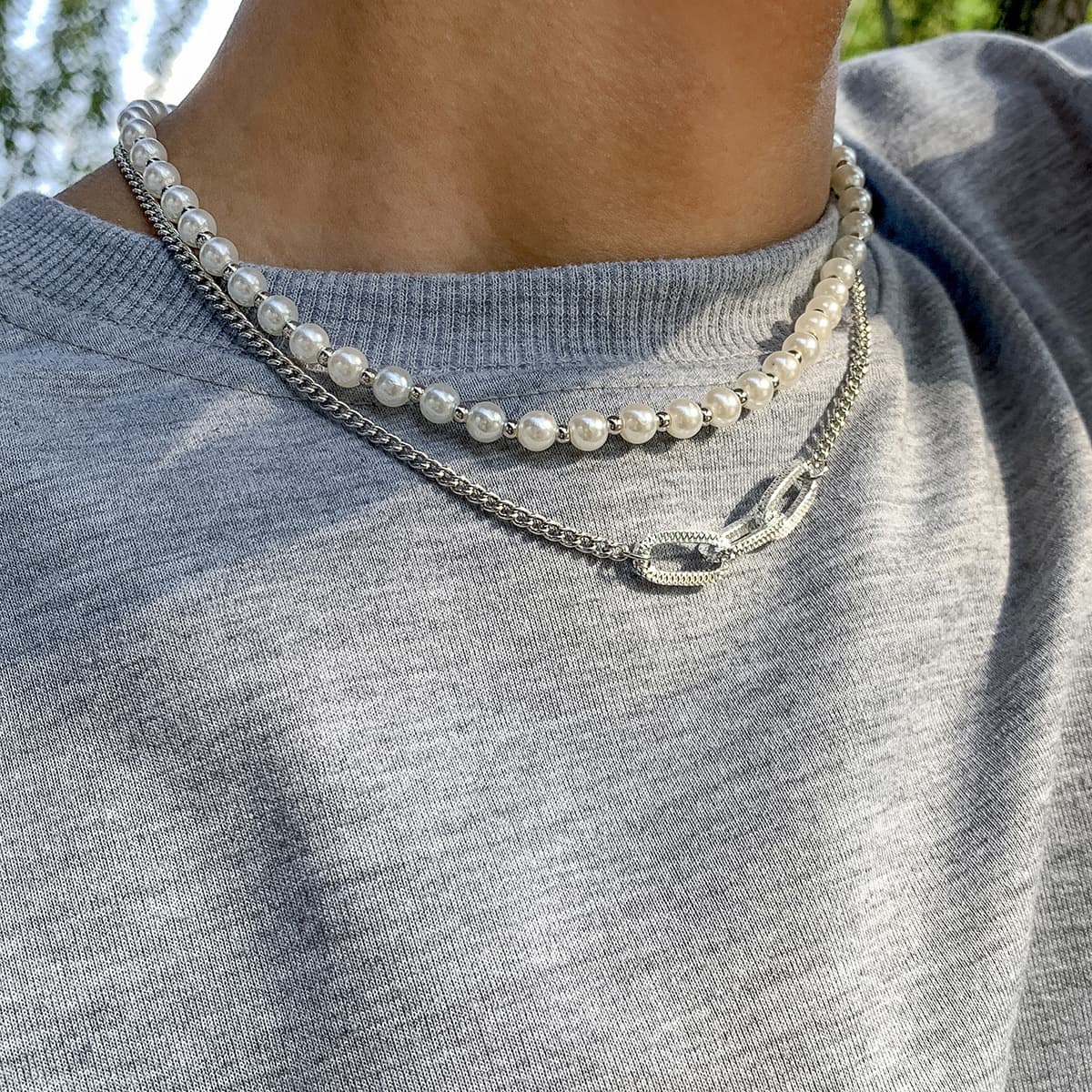 Chenyou Hip Hop Pearl Men's Trendy Cool Street Photo Geometric Metal Chain Necklace