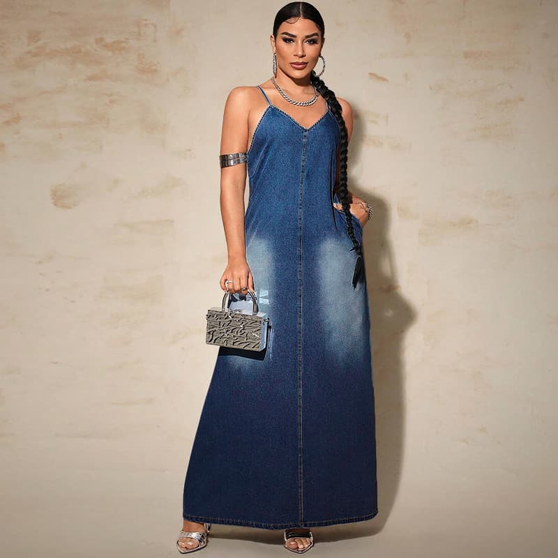 Women's Clothing New Denim Suspenders Long Dress