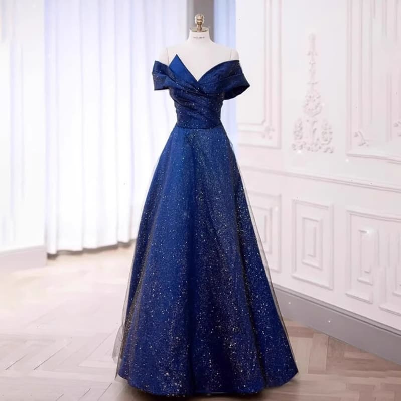 Women's Clothing Performance Costume Competition Dress Blue One Shoulder Temperament Elegant Evening Dress
