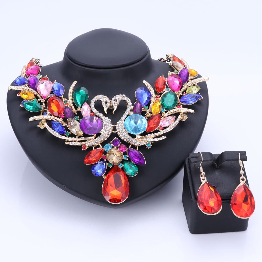 Fashion Crystal Bridal Jewelry Sets Colorful Swan Gold Color Women Gift Party Wedding Prom Necklace Earring Accessories