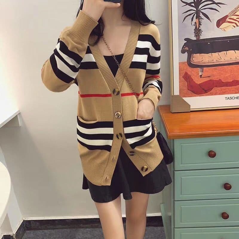 Women's Clothing Lazy Style Knitted Cardigan V Neck Long Oversized V-Neck Cardigan - Long Sleeve Striped Knit Sweater For Casual & Chic Layering​