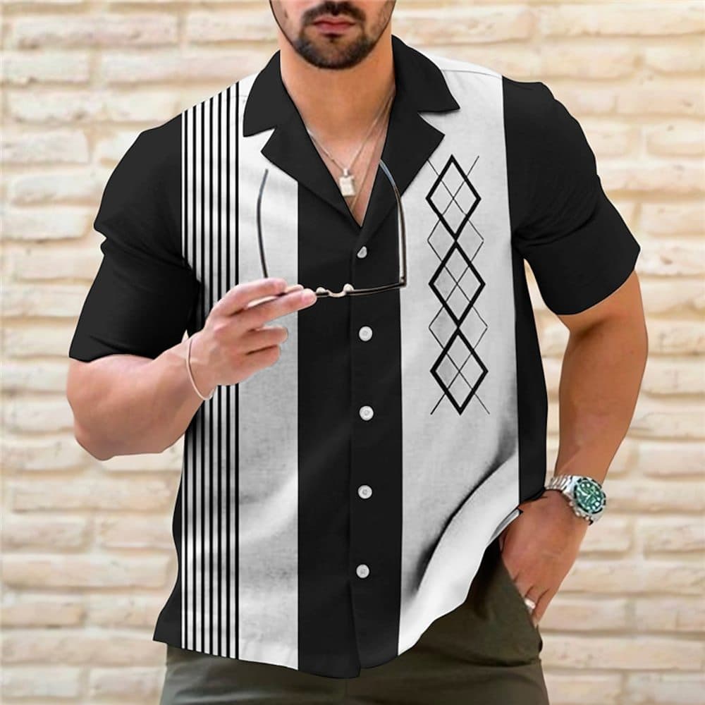 Men's Shirt Bowling Shirt Striped Pattern Cuban Collar Outdoor Casual Short Sleeve Shirt