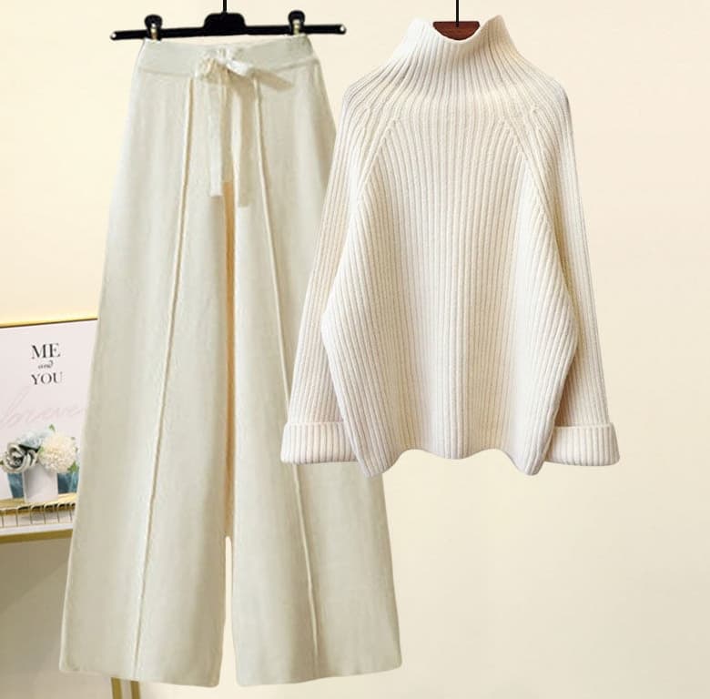 Ensemble coréen oversize en maille – Pull à grosses torsades et pantalon fluide à jambes larges, tenue d'hiver décontractée à col montant (Be