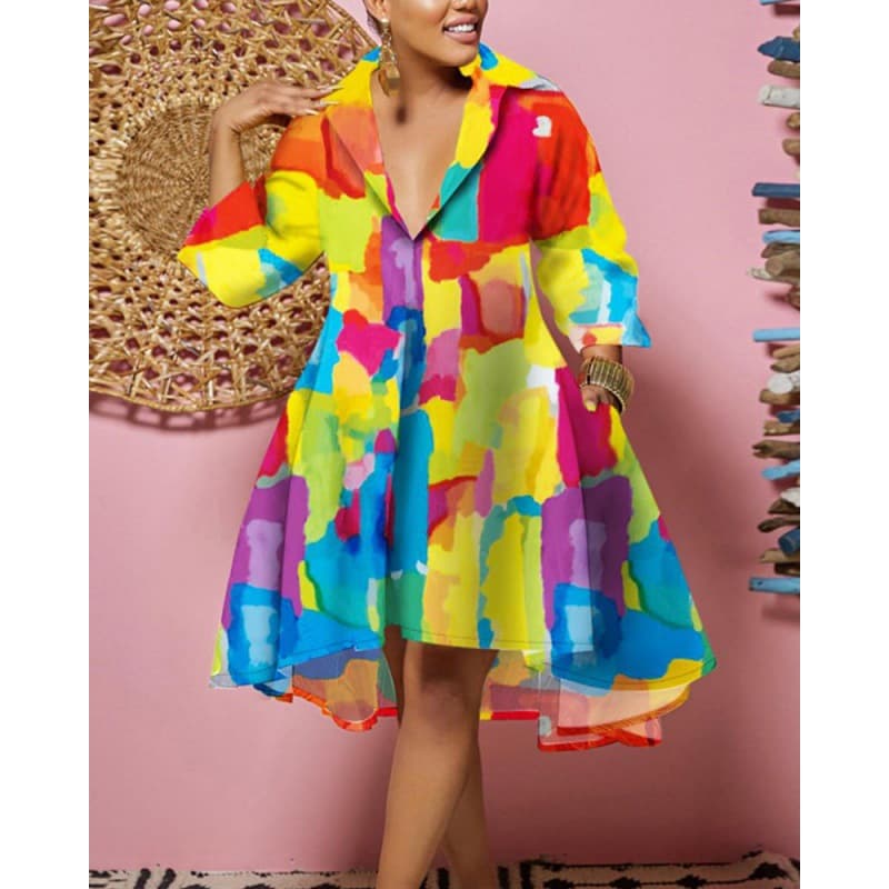 European And American Shirt Collar Loose Fashion Printed Dress For Women