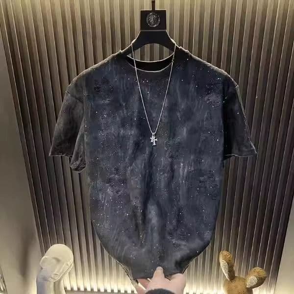 American Men's Gradual Change Hot Diamond T-shirt 2025 Summer New Versatile Hole Top Gypsy Short-sleeved T-shirt Tide