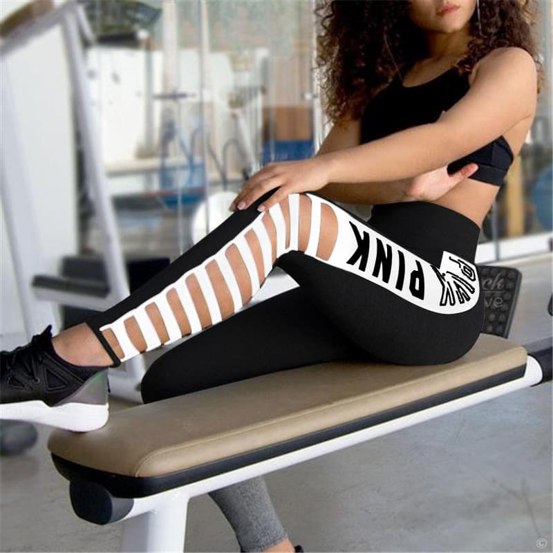 Women's sports running leggings with cutout letters on the side, slim fit yoga pants, high-waisted elastic nine-point pants