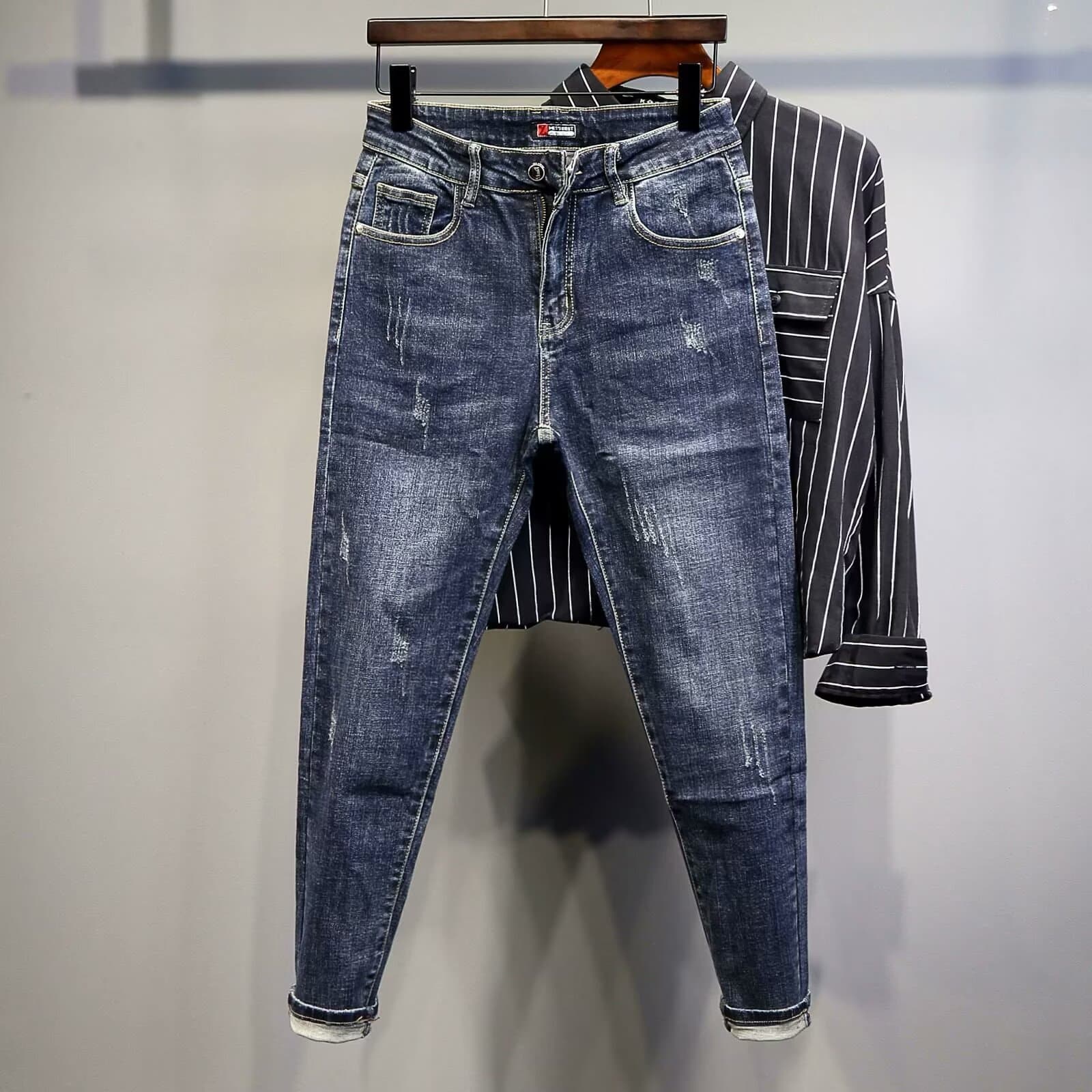Men's American Style Casual Trendy Brand Thin Jeans 2024 Summer New Micro Stretch Ripped Long Pants