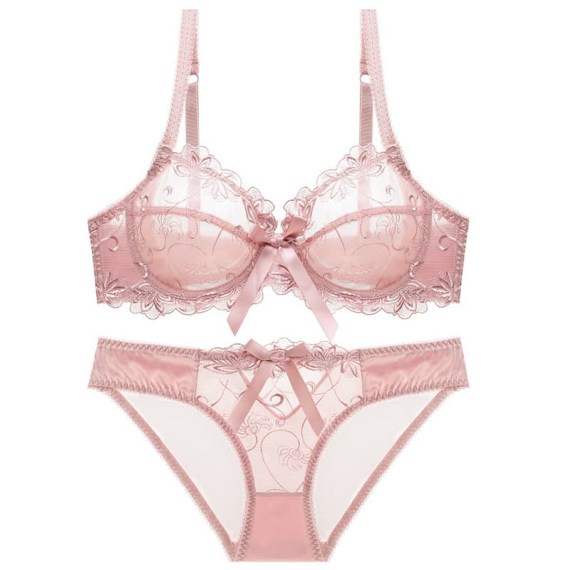Ultra thin transparent embroidered breathable sexy lace lingerie for girls, bra, and oversized bra set