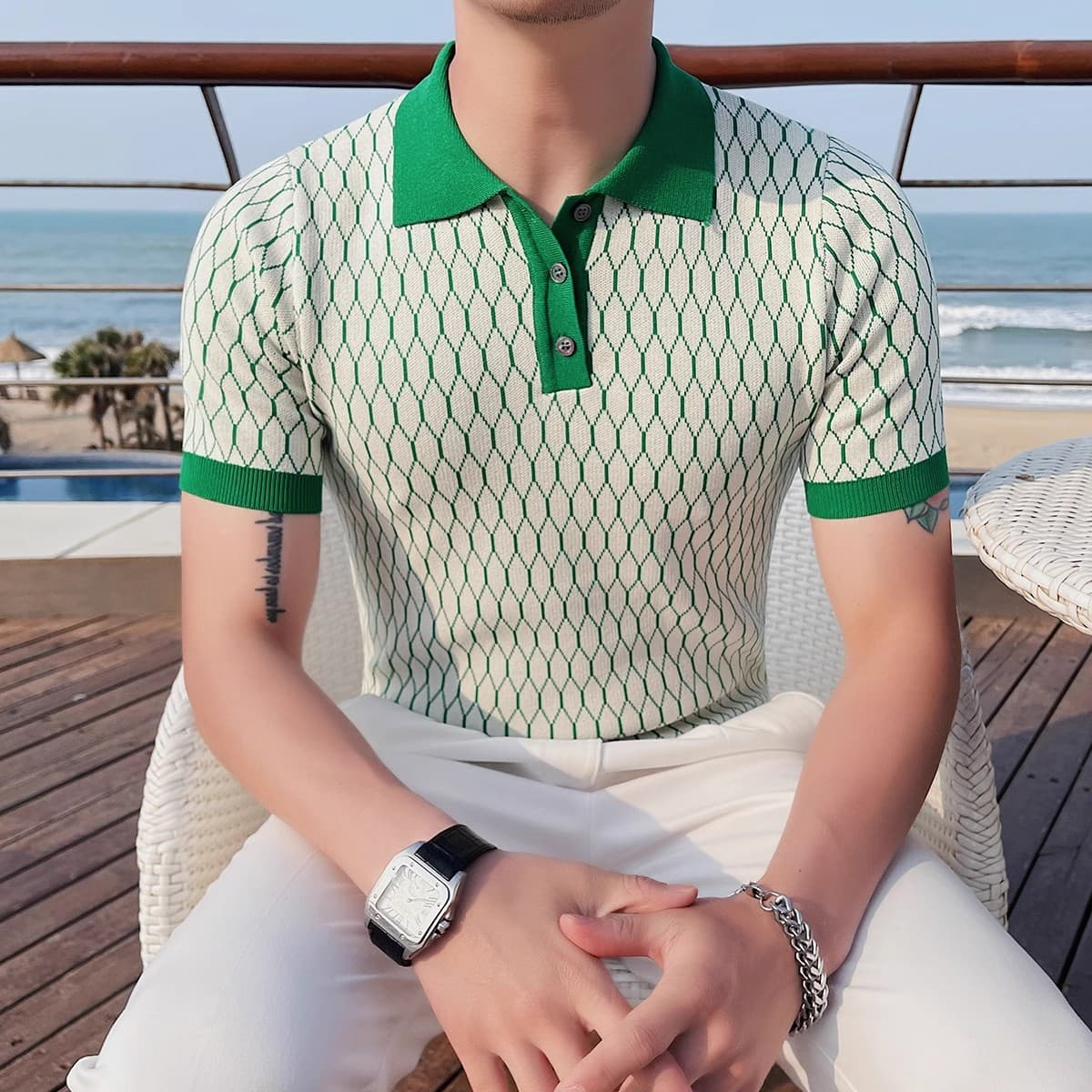 Men's Clothing Summer thin style slim high end knitted cool lapel handsome T shirt contrast color ice silk polo shirt men's short sleeve