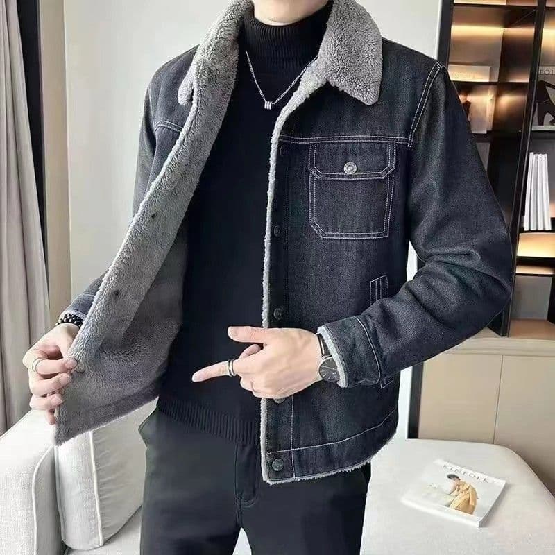 Men's Clothing Denim jacket men's autumn and winter plus velvet thickened new versatile handsome hip hop lambskin jacket