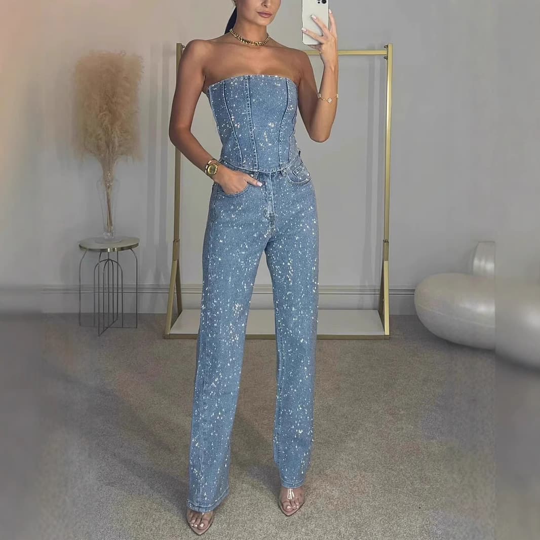 Women's Clothing Sexy Off Shoulder Shiny Vest Diamond Trousers Suit Two Piece Suit