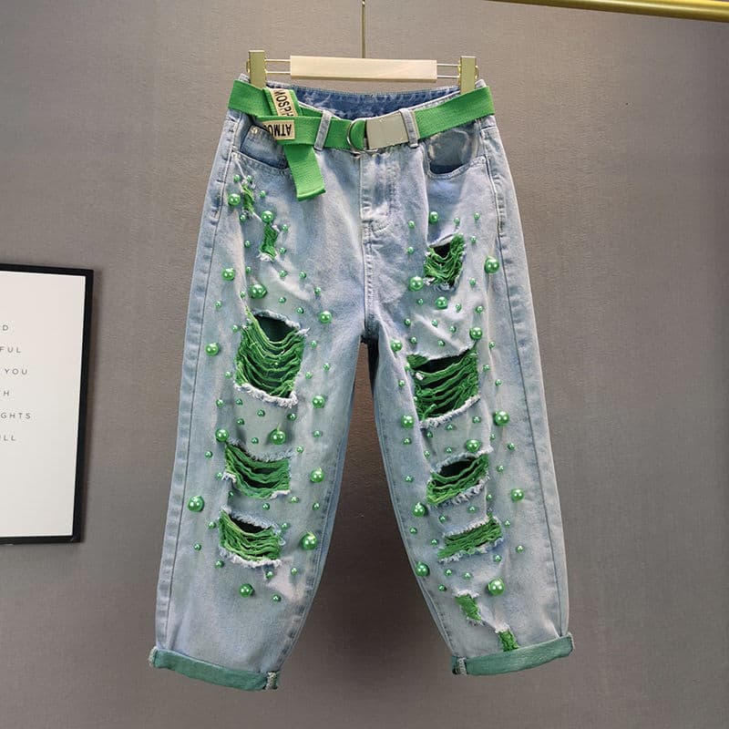 Women's Loose High Waist Slimming Heavy Industry Pearl Ripped Beggar Jeans Women's Trendy Pants
