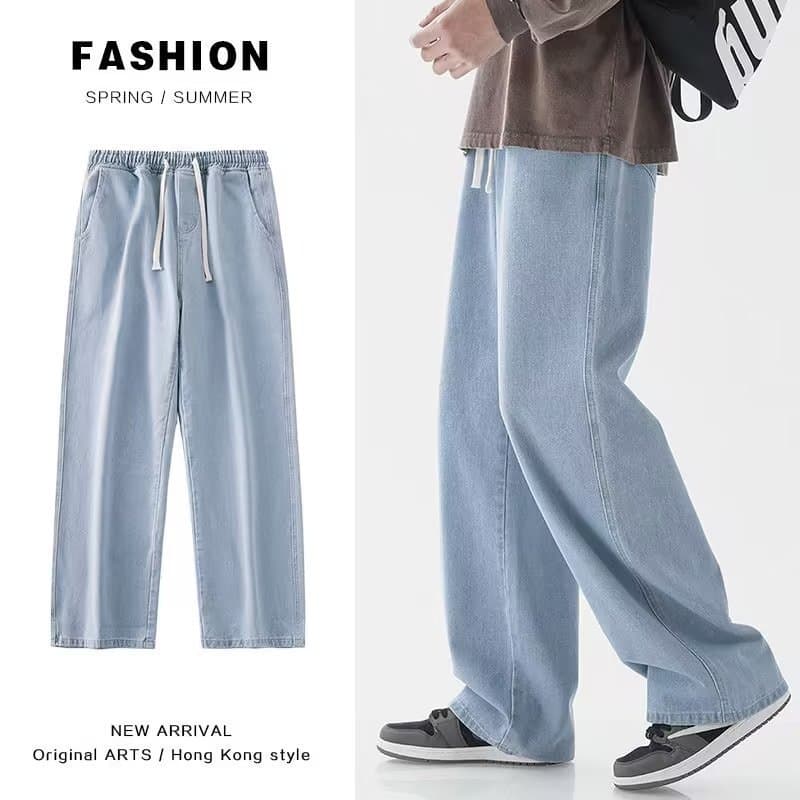 Men's Clothing style drawstring light color jeans men's elastic waist loose straight floor length pants wide leg casual long pants men