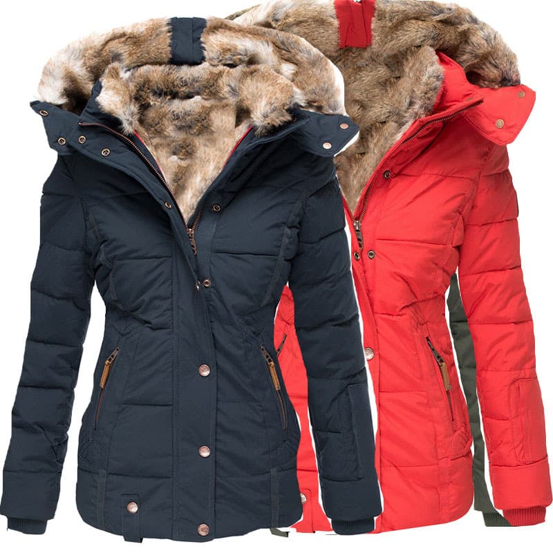 Women's Clothing warm fur collar cotton coat women's zipper long sleeved slim hooded cotton coat