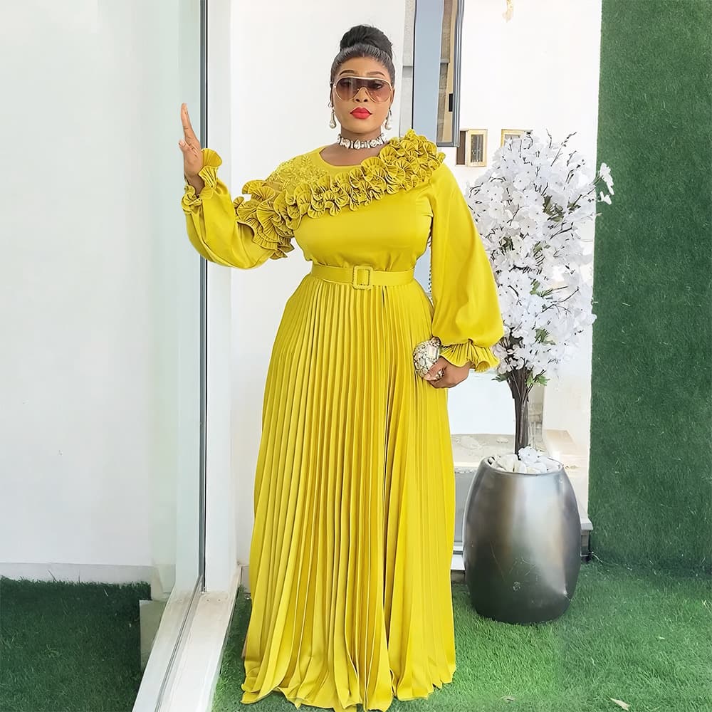 Elegant Plus Size Maxi Dress With 3D Floral Embroidery - High Waisted Long Sleeve Formal Dress For Women (L-3XL, Purple/Black/Green/Yellow)​