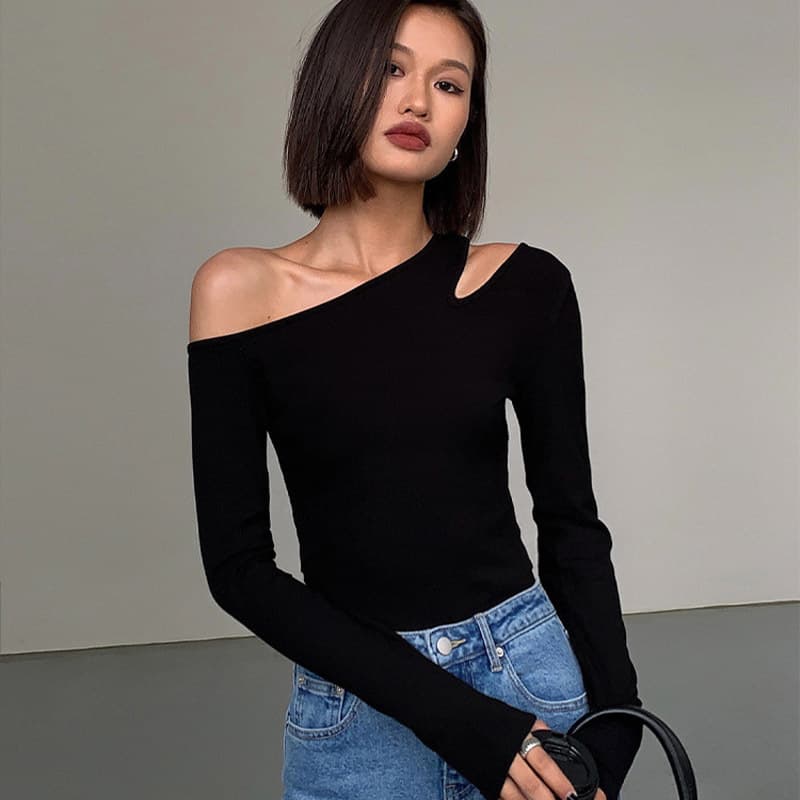 Women's Clothing Black Sexy One Shoulder Off Shoulder Bottoming Shirt For Women In Autumn