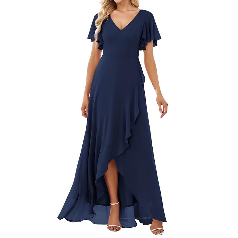 Women's Clothing Double V Neck Backless Chiffon Dress Solid Color Short Sleeved Long Dress Banquet Bridesmaid Evening Dress
