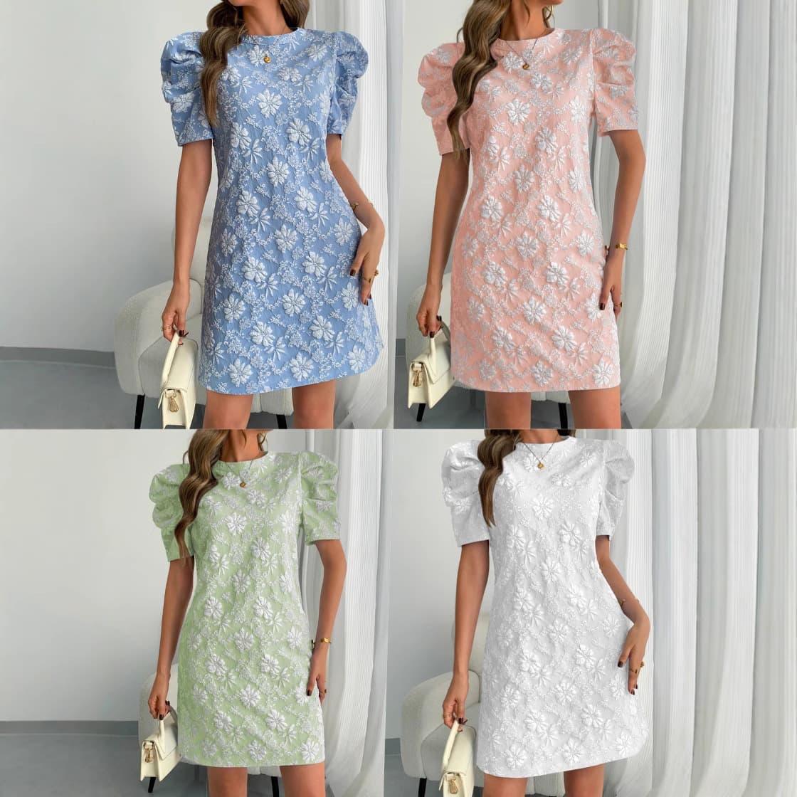 Women's Clothing Summer New Women's Puff Sleeve Textured Jacquard Round Neck Retro Style Dress