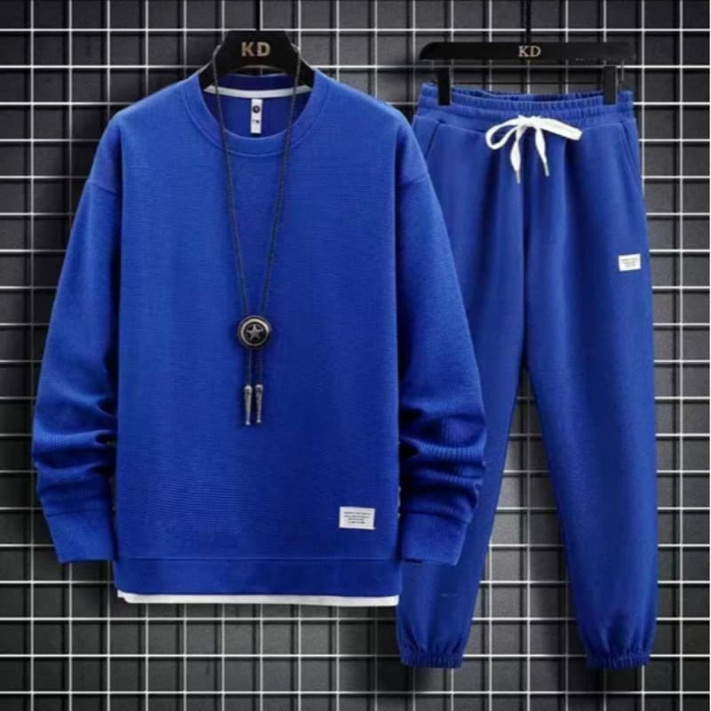 Men's Clothing 2024 New Waffle Round Neck Sweater Suit Autumn And Winter New Style Pure Color Leisure Hong Kong Style Loose Long Sleeve Top